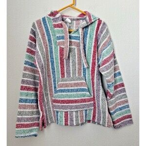 Sandy Women's Striped Colorful Mexican Baja Hoodie Sweater Drug Rug Pockets Med